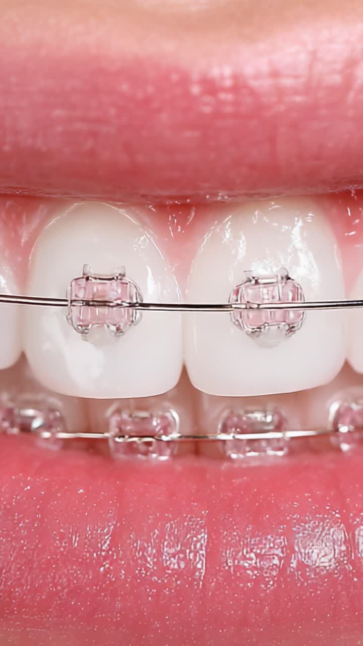 Close-Up of Orthodontic Braces: A Detailed Look at Clear Braces on Perfectly Aligned Teeth, Highlighting Oral Care and Aesthetic Improvements