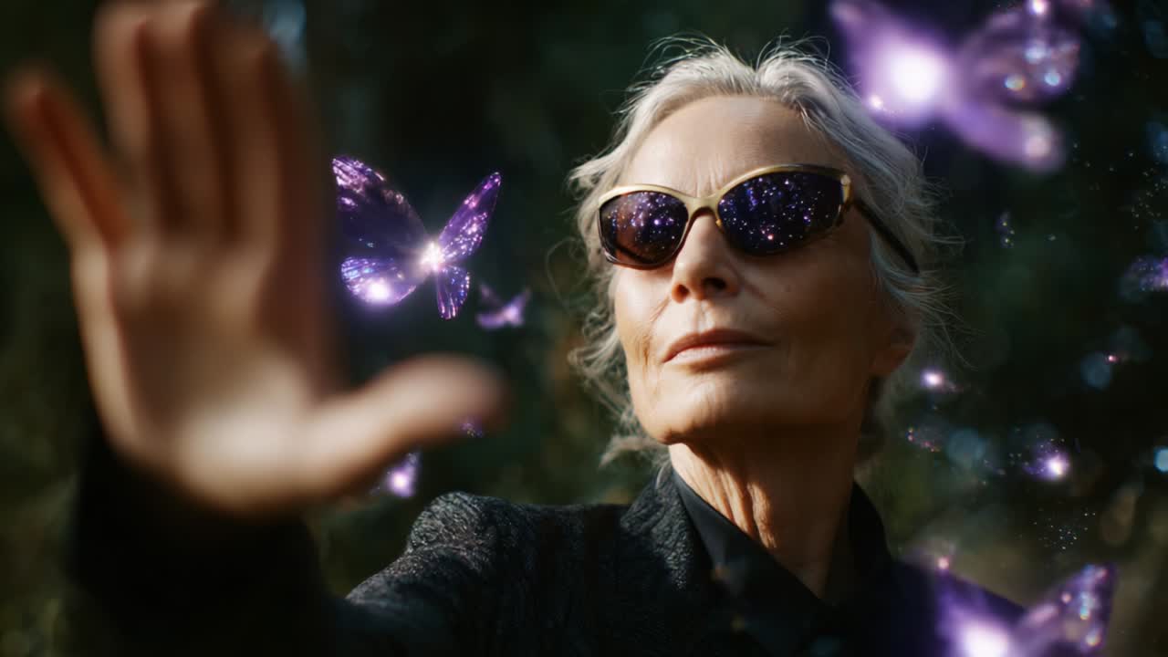 A Mesmerizing Encounter with Enchanted Butterflies as a Captivating Woman Uses Her Hand to Interact with Floating Creatures, Showcasing a Fusion of Nature's Beauty and Mystical Energy in This Magical Scene