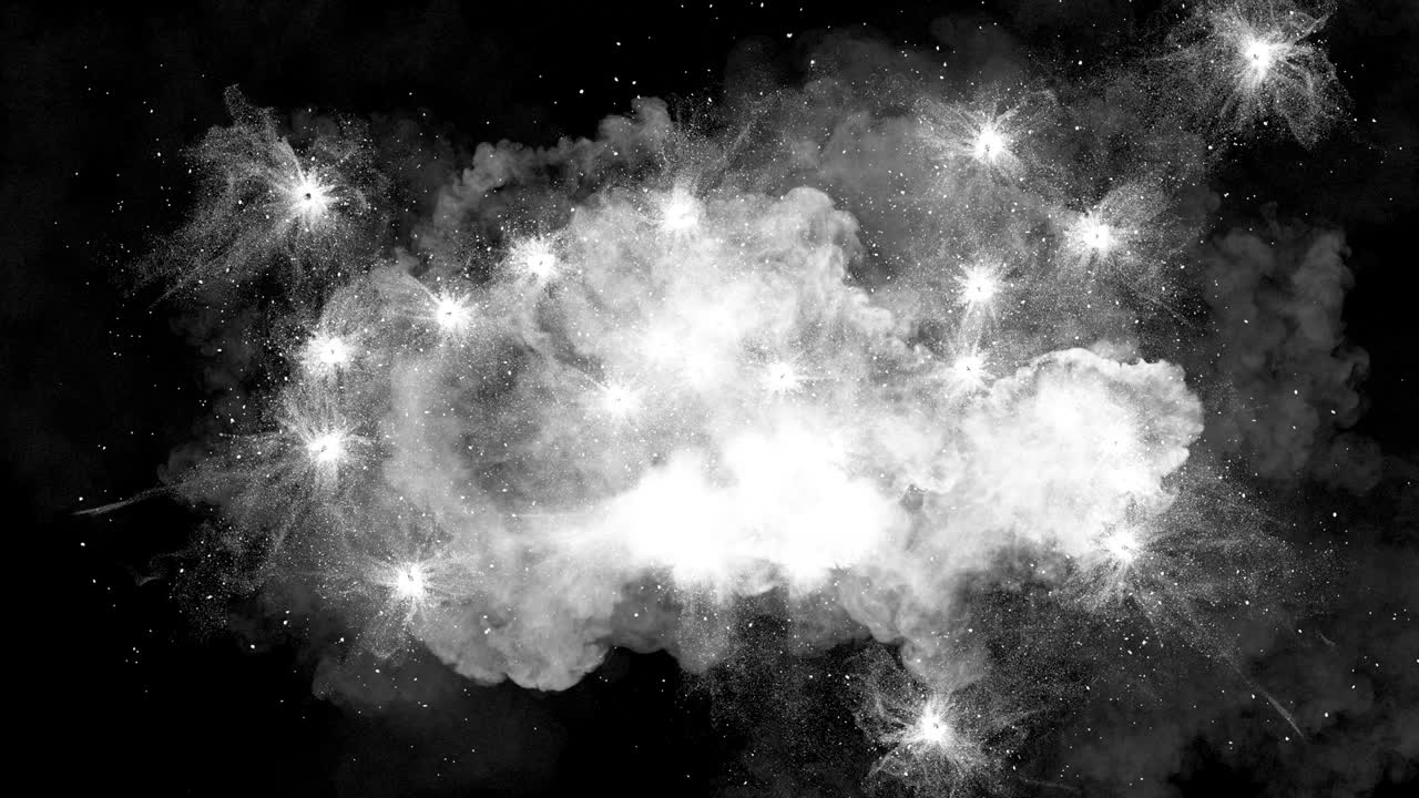 Endless zooming out from the field of colorful explosions.