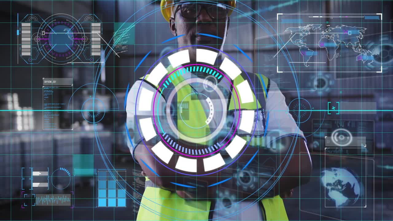 Technician wearing vest holding arms causing digital interface with world map for factory control