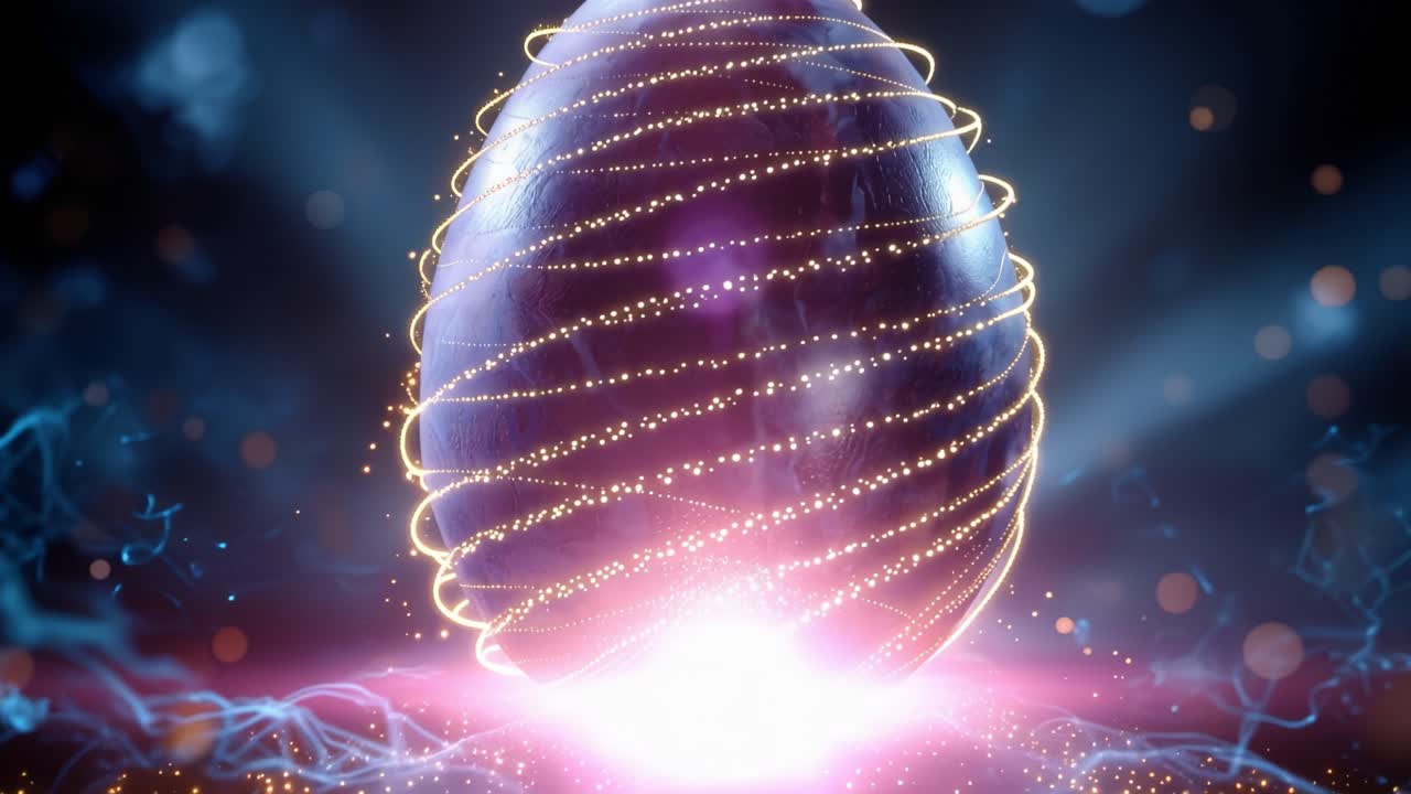 Un uovo splendente pulsa di luce cosmica. Spirali dorate vorticano sulla sua superficie. Particelle tremolanti fluttuano nel vuoto oscuro. Il bagliore radioso suggerisce un potere antico. Ideale per fantasy, fantascienza