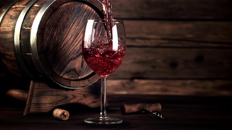 Slow Motion Pour of Red Wine into a Glass by a Barrel
