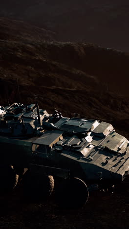 military armored personnel carrier in a desert landscape