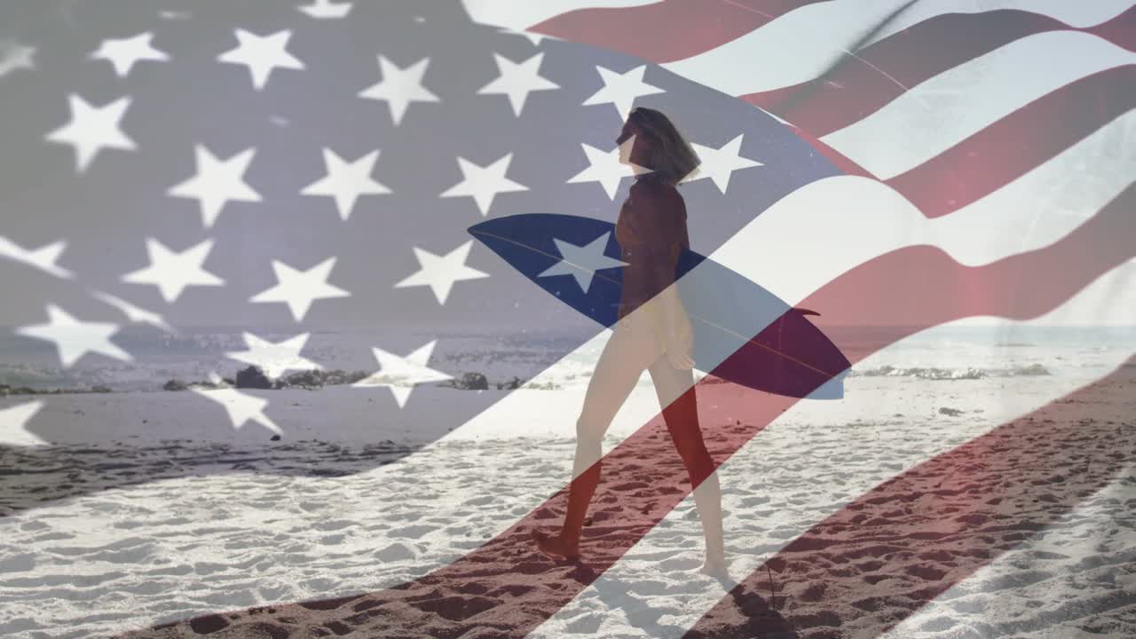 Flag appearing, woman walking with board overlaying her and shore, preparing to surf in travel ad