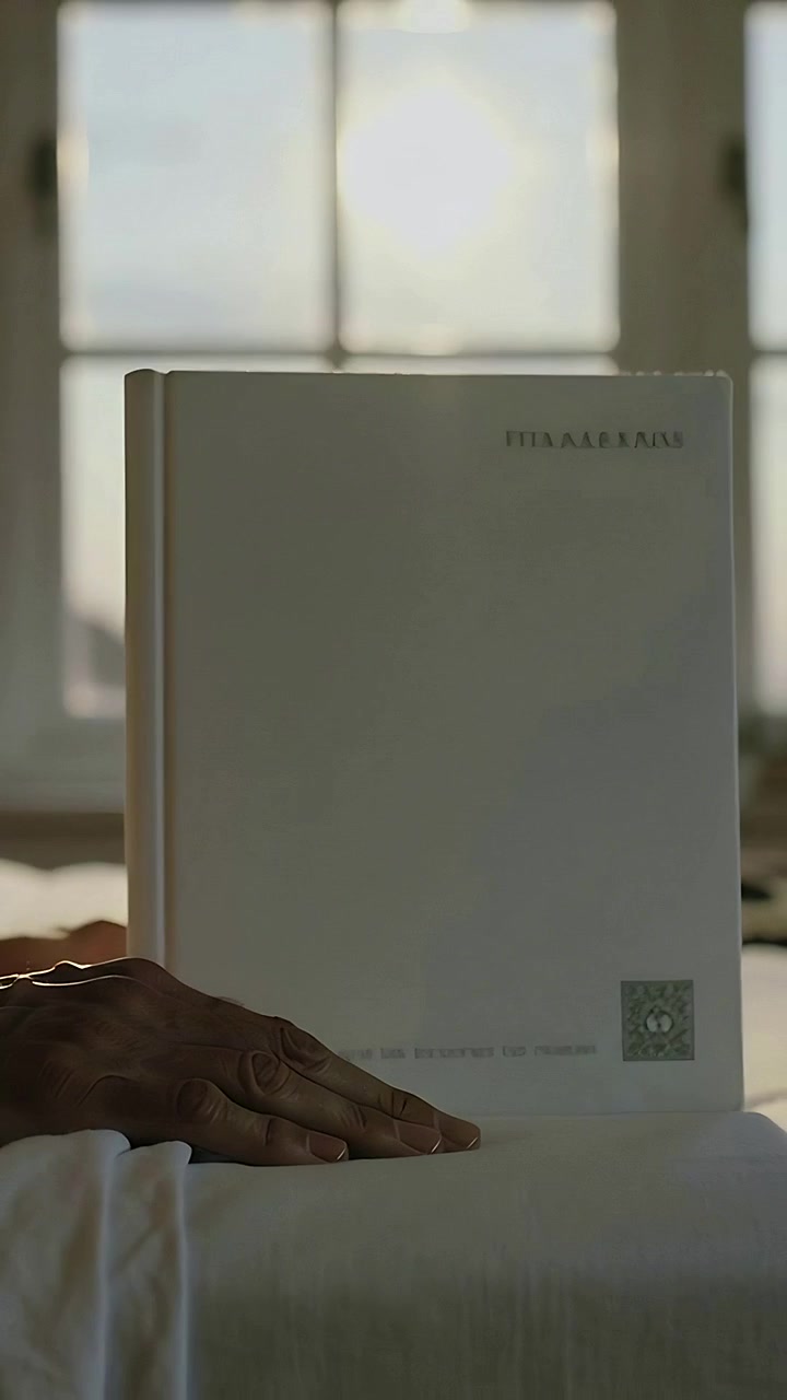 Vertical video: Placing older hands revealing white book on bed by window, ringed finger steadying