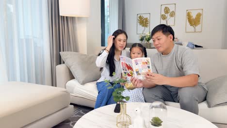 a family enjoys reading together on a cozy sofa in a well-lit living room, fostering warmth and connection
