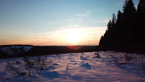 cinematic drone view of sunrise casting warm light over a snow-covered forest and fields, abiqua