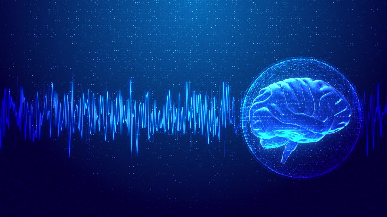 Video footage of digital human brain particle grid structure glowing against dark background