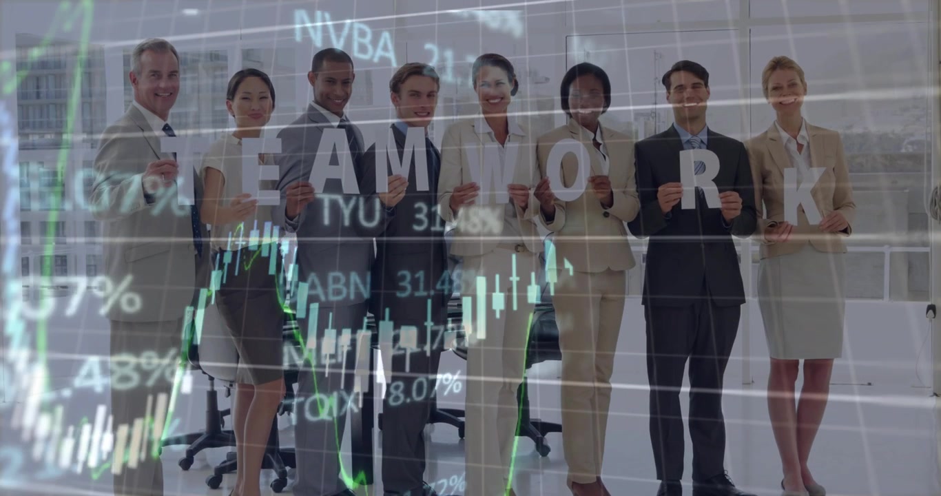 Corporate team holding TEAMWORK letters with appearing stock ticker animating chart driving finance