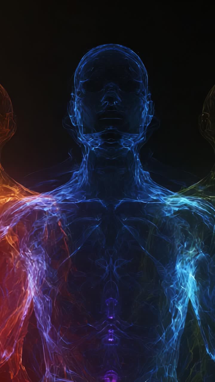 Uma imagem visual fascinante de figuras etéreas representadas por meio de cores vibrantes e designs complexos, mostrando a essência dinâmica das formas e da energia humanas