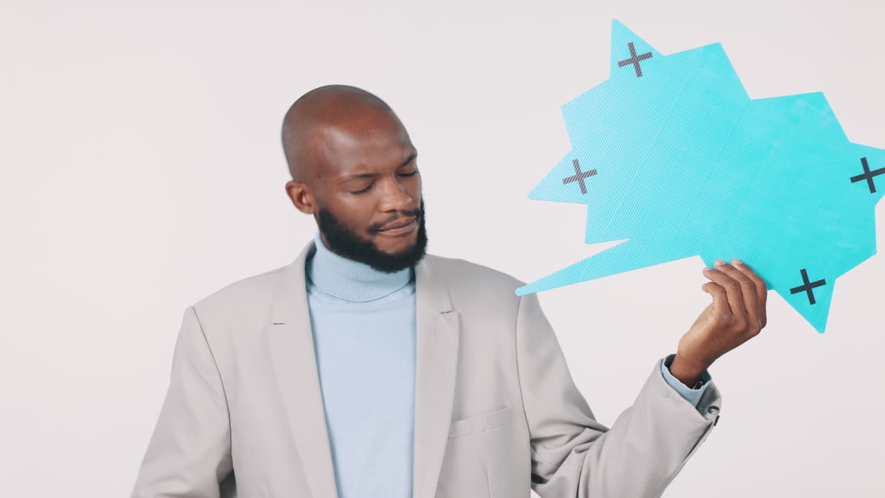 Man, speech bubble and thinking of idea in studio