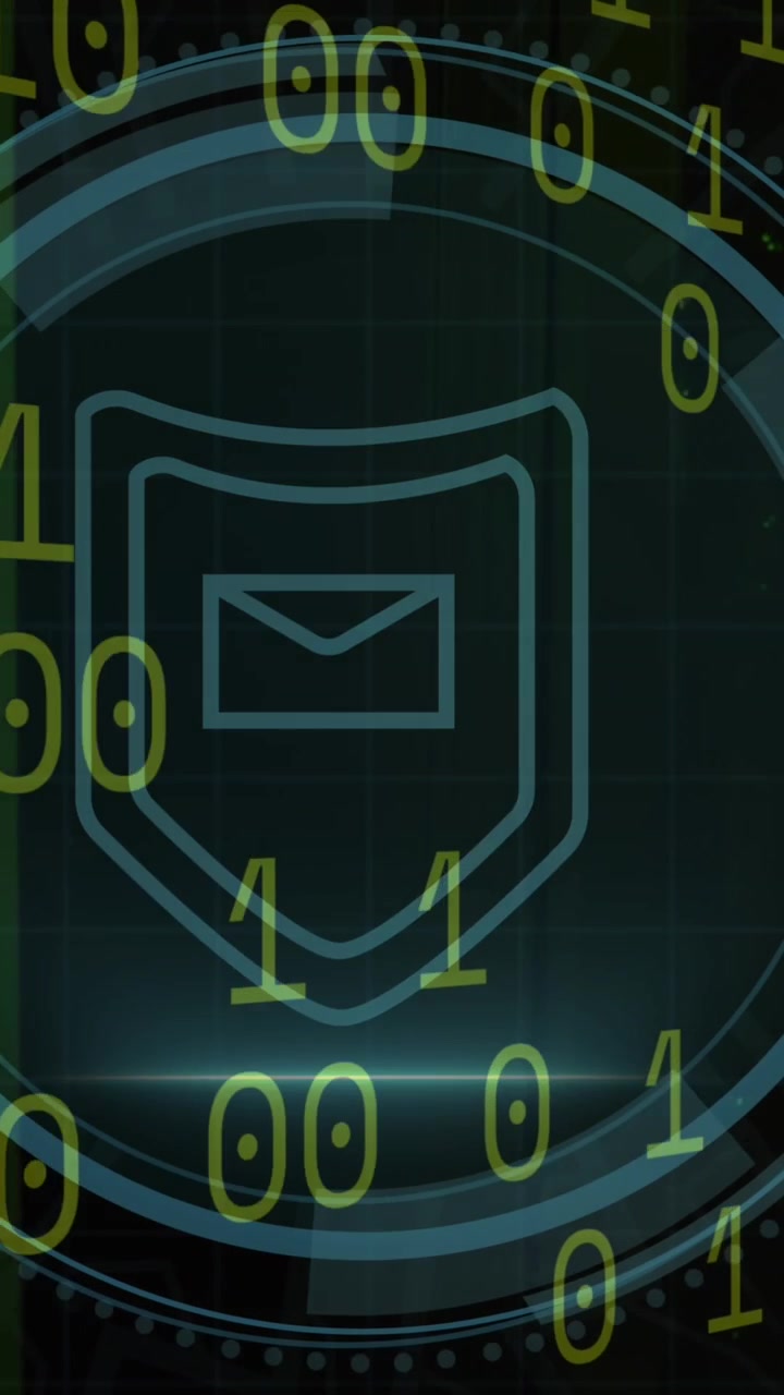 Animation of cyber security and shield with email in circle over binary code on black background