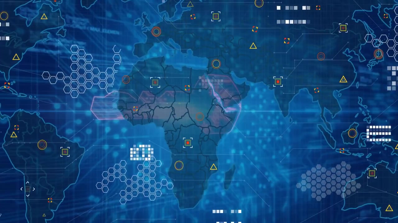 Bright light bursting digital map glowing, nodes multiplying, panels pulsing, beam uniting Africa