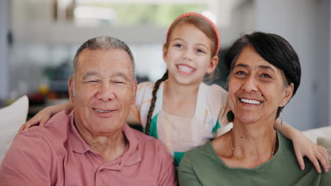 happy, face and child hugging grandparents