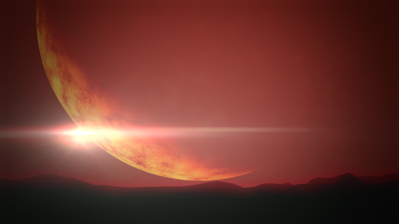 Big red planet with light of star in empty galaxy