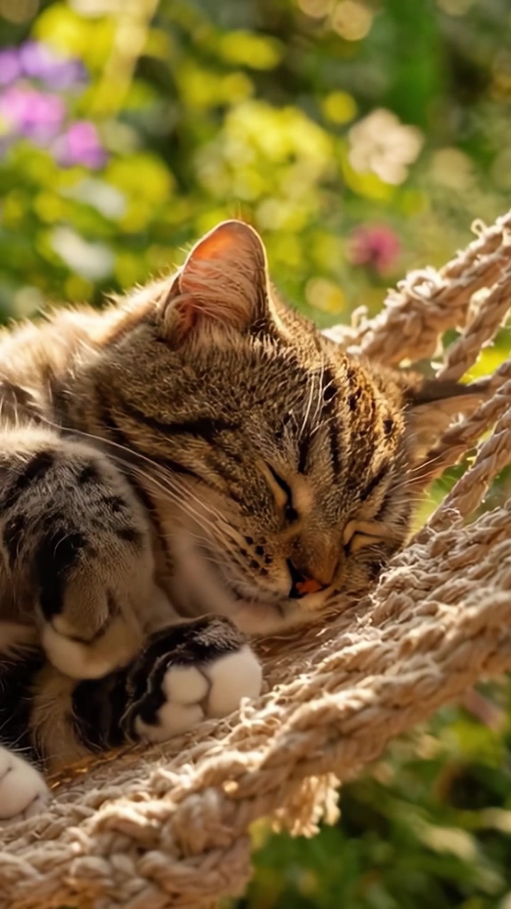 Un gatto sereno che dorme crogiolandosi nella bellezza della natura: Momenti catturati di tranquillità e comfort in un'amaca in un giardino lussureggiante.