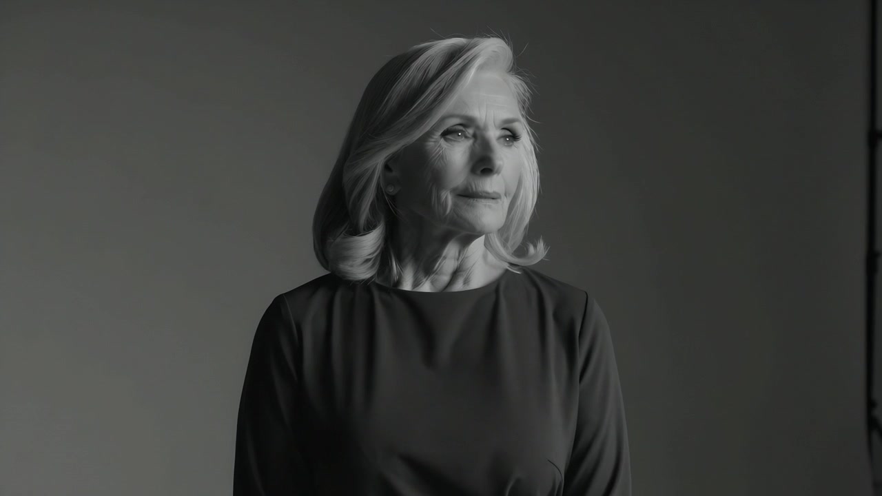 Responding on cue senior woman closing eyes, opening, shifting gaze right in studio, light stand