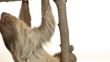 white background sloth with copy space hanging upside down