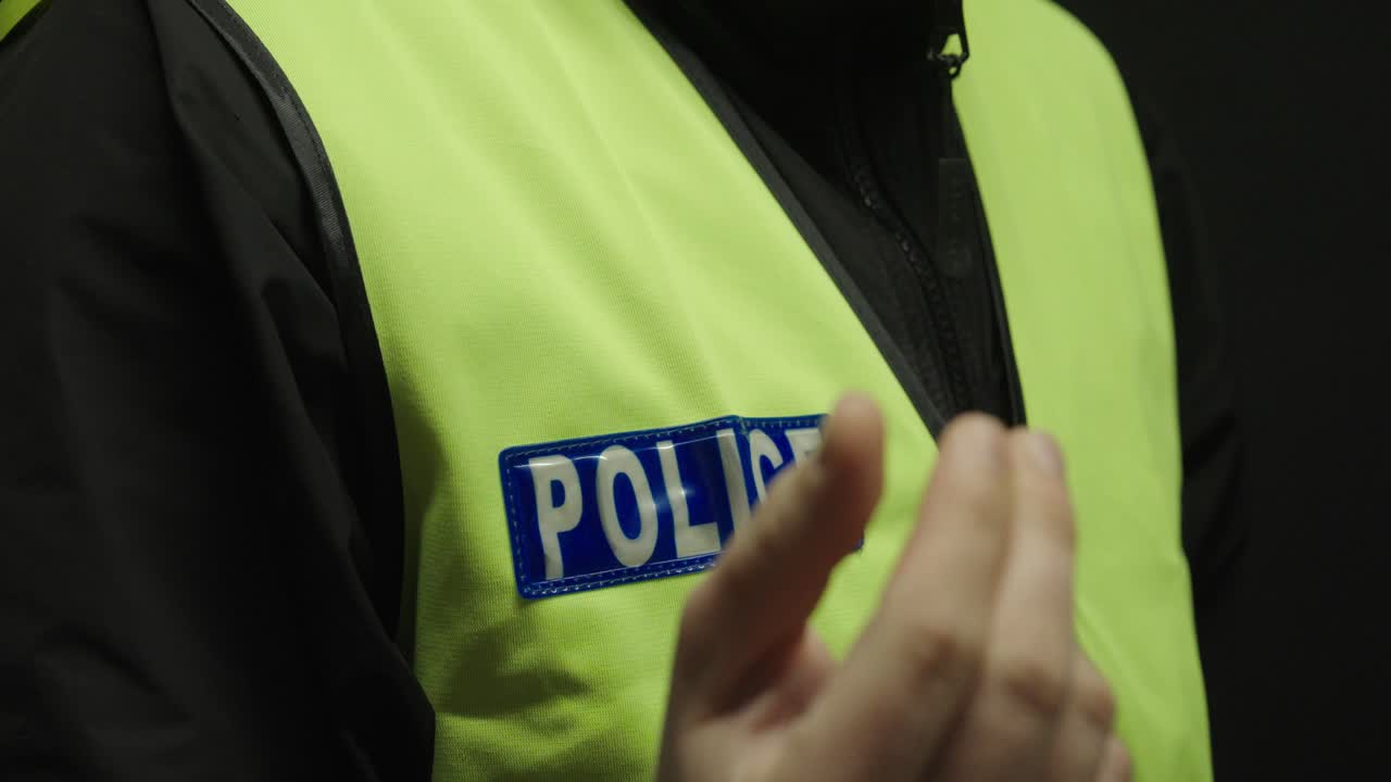 Primo piano di un agente di polizia che fa un gesto con la mano che indica denaro, suggerendo una multa o una tangente. Concetto di corruzione, concussione, abuso di autorità e richieste illegali