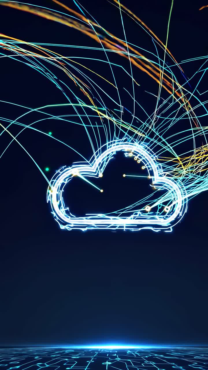 Futuristic video concept of a digital cloud with circuit patterns, captured from a low angle
