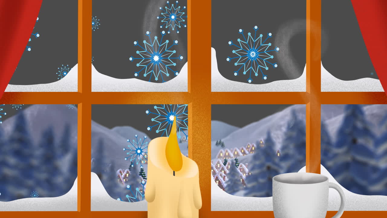 창문에서 볼 수 있는 겨울 풍경의 애니메이션
