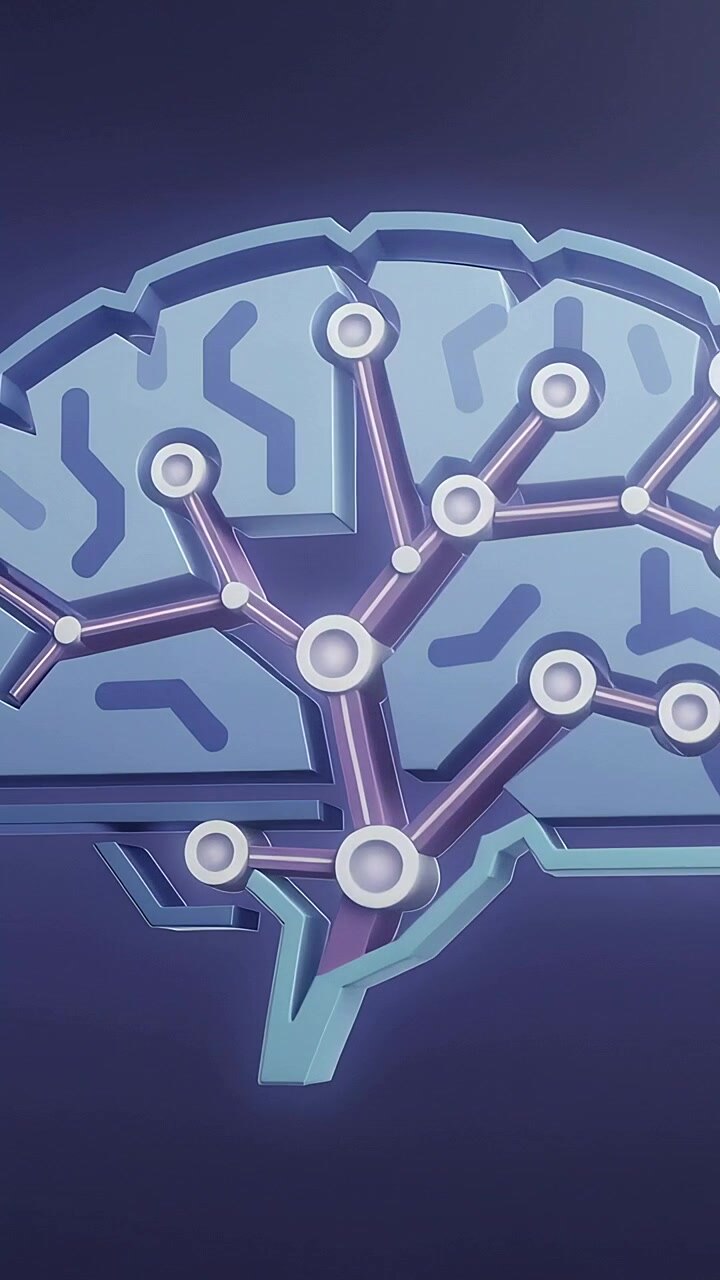 Vertical video: Panning camera revealing 3D brain at studio backdrop on play, showing circuit nodes