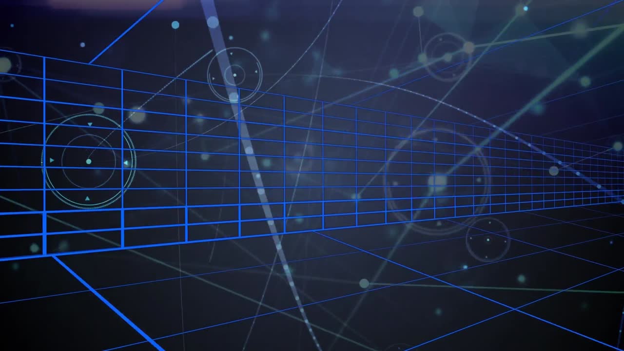 Animation of network of connections and icons over dark background