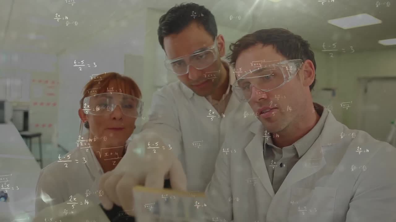 Animation of mathematical equations over diverse scientist in lab cityscape