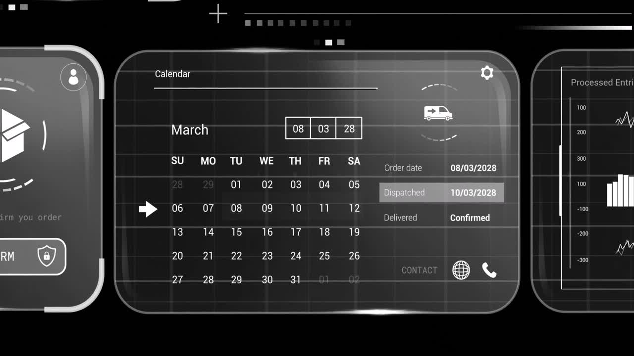 animación del procesamiento de datos en pantallas sobre fondo negro