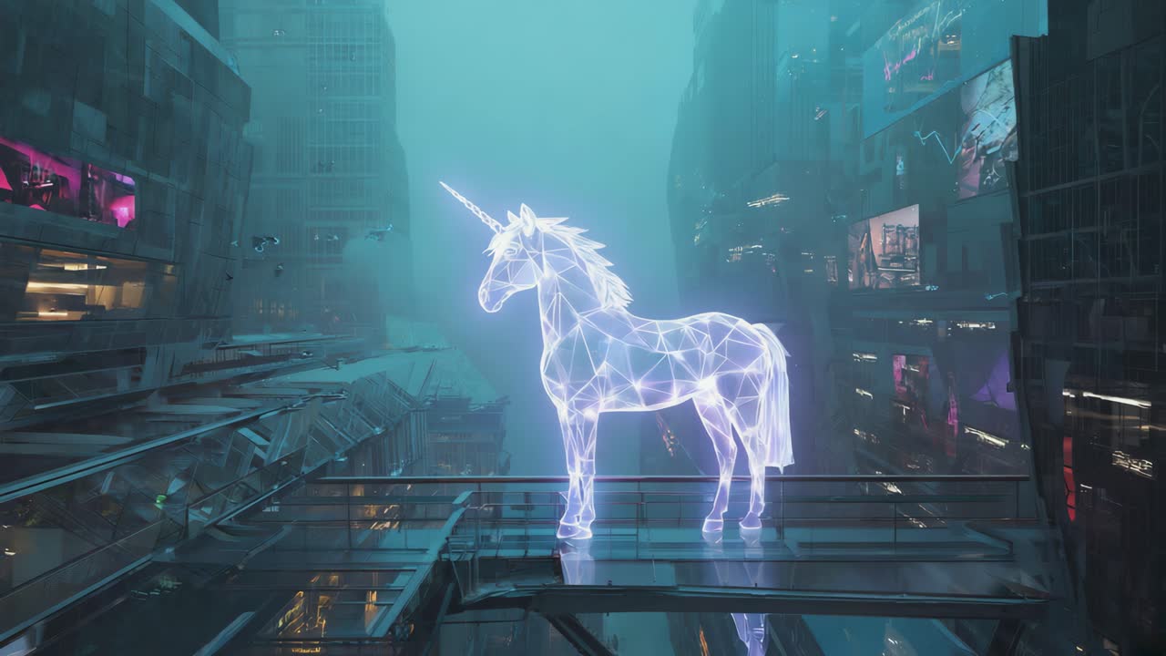 Holographic Unicorn in a Futuristic City