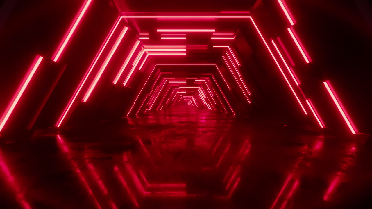 Tunnel futuristico rosso neon, loop continuo 4K