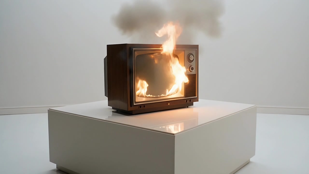 Funken im Bildschirm lassen einen hölzernen Röhrenfernseher auf einem erhöhten Podest in einer Galerie brennen, Rauch steigt auf.