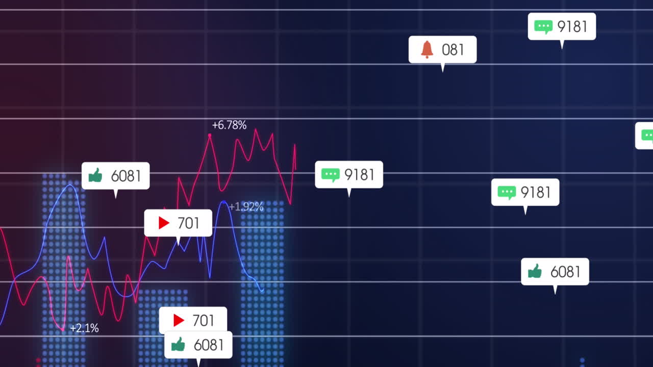 animación de barras de notificación, gráficos múltiples iluminados, números cambiantes sobre fondo negro
