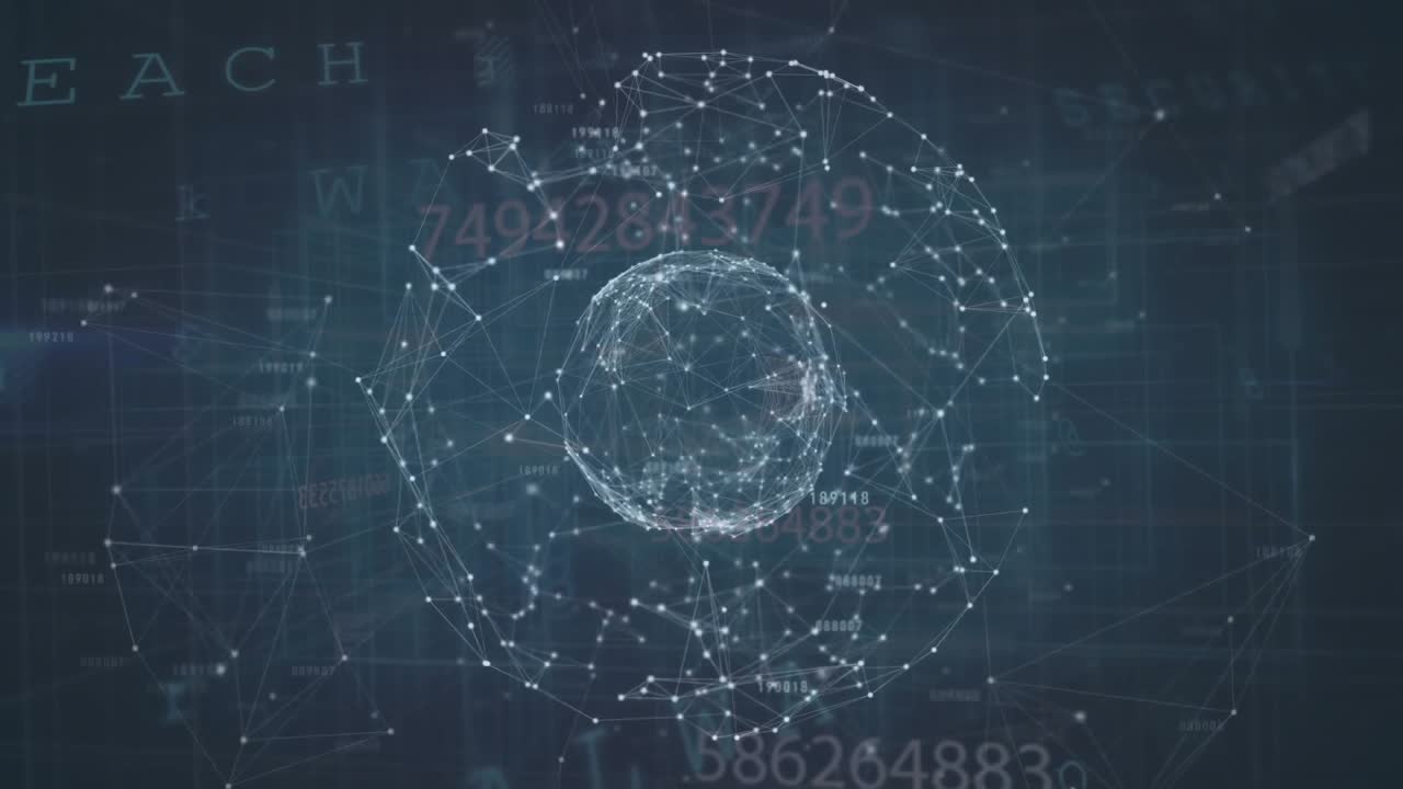 At first second glowing nodes assembling into pulsing rotating data sphere visualizing live network