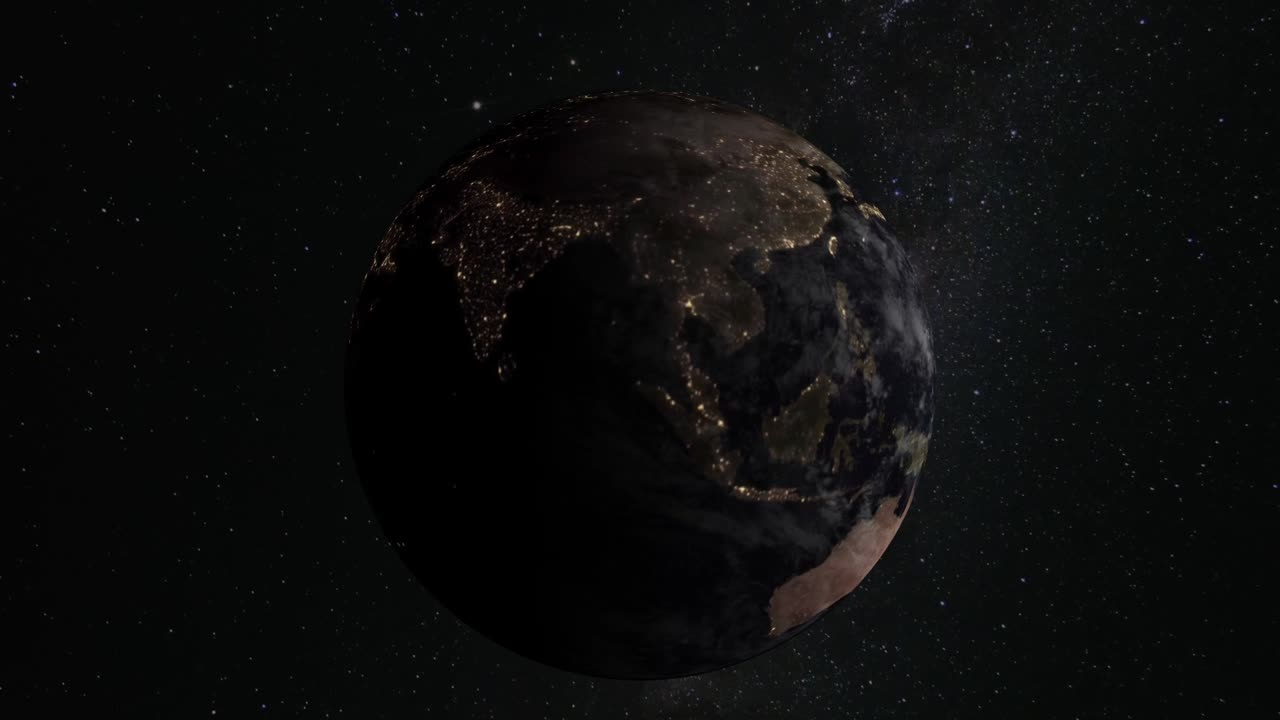 惑星、地球、世界、地球儀、スペース、天の川、回転星、宇宙、科学、地理、太陽光、街の明かり、タイムラプス