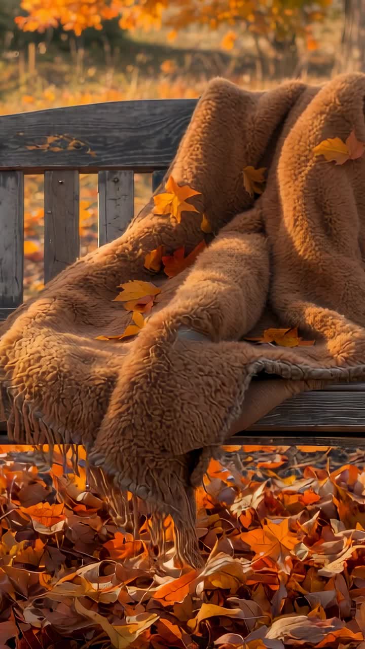 Vertical video: Cool breeze sending maple leaves across wooden park bench with brown fleece blanket
