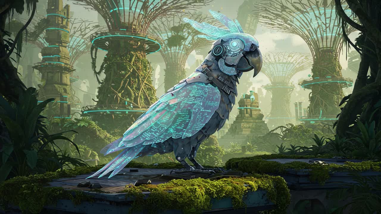 A Futuristic Mechanical Parrot in a Lush, Tech-Integrated Environment with Ancient Ruins and Flourishing Flora, Showcasing the Blend of Nature and Technology
