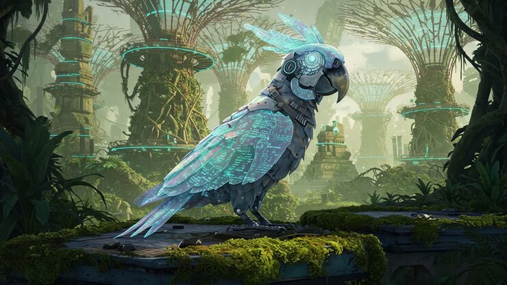 Um papagaio mecânico futurista em um ambiente exuberante e integrado à tecnologia com ruínas antigas e flora florescente, mostrando a combinação de natureza e tecnologia