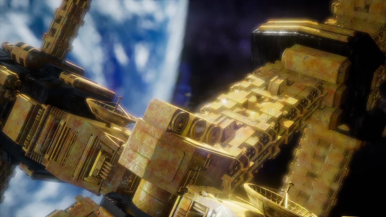 지구와 우주선의 모습. iss는 지구를 공전하고 있습니다.