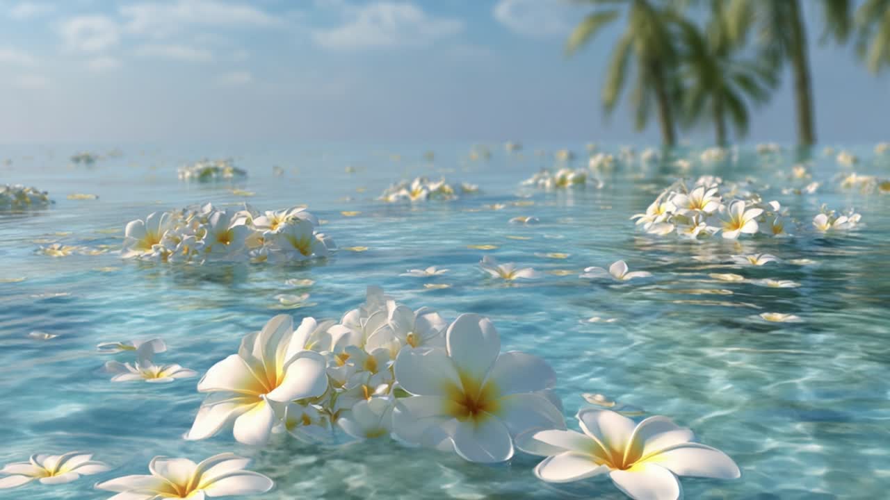 Una Serena Scena Costiera con Fiori Bianchi Galleggianti in Acque Cristalline, Completata da Palme Rigogliose e Cieli Azzurri Tenui, Che Invoca un Senso di Pace e Tranquillità