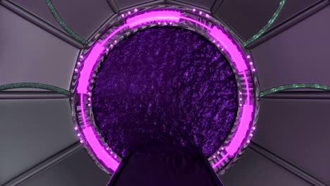 iron hatch opens panoramic view to the spaceship landscape scene. 3d abstract background of sci-fi corridor with portal. futuristic technology abstract vj for tech titles and background.