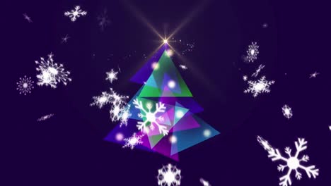 copos de nieve cayendo sobre el árbol de navidad digital contra un fondo azul