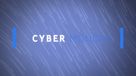 animación del banner de texto de cyber monday sobre rastros de luz que caen contra un fondo azul