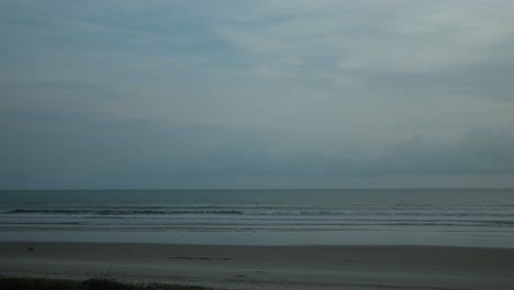 A wide shot of a sandy beach with rolling waves, a grey sky with clouds, and a couple of birds walking on the shore
