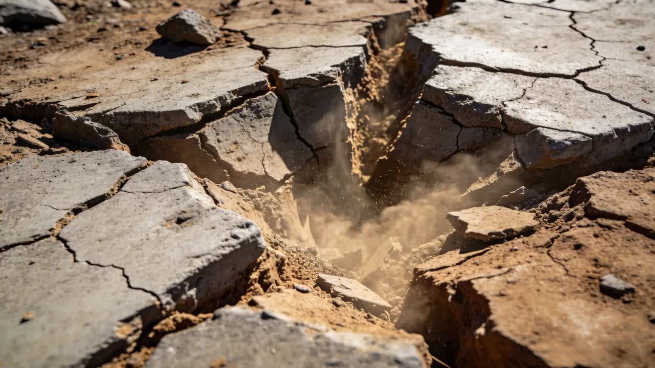 Fessura centrale che si apre e riversa sabbia sciolta in una piana di fango essiccato con lastre crepate e piccole rocce