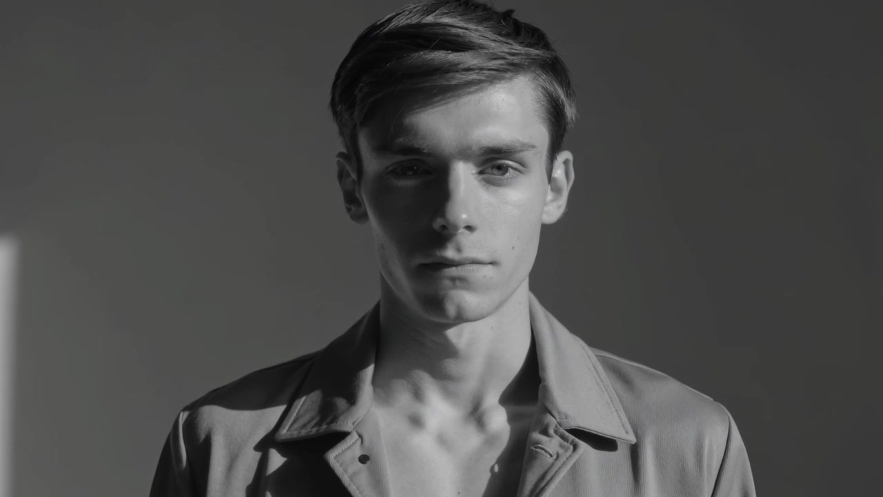 Adjusting to camera rolling, male shifting head and eyes in studio wearing light open collar jacket