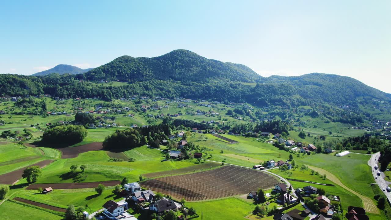 Aerial footage over Small Village in the Mountains of Europe
