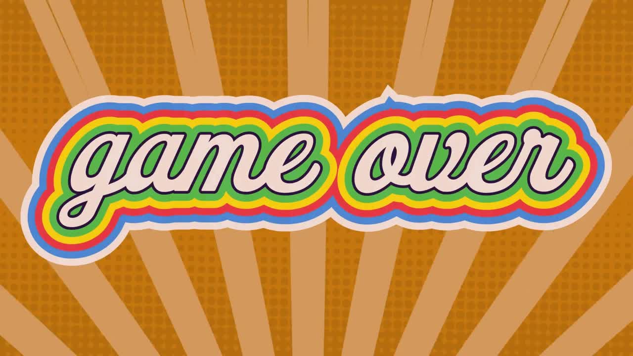 오렌지색 방사선 배경에 대한 무지개 그림자 효과와 함께 텍스트 위의 게임의 디지털 애니메이션