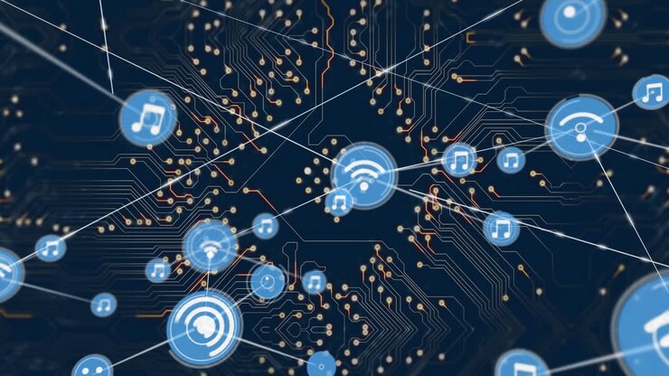 Animation of circuit board and network of connections on dark background