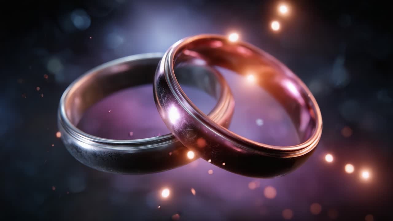 Close em duas alianças de casamento lindamente trabalhadas, mostrando seus designs complexos e superfícies brilhantes em um plano de fundo cósmico de cores vibrantes